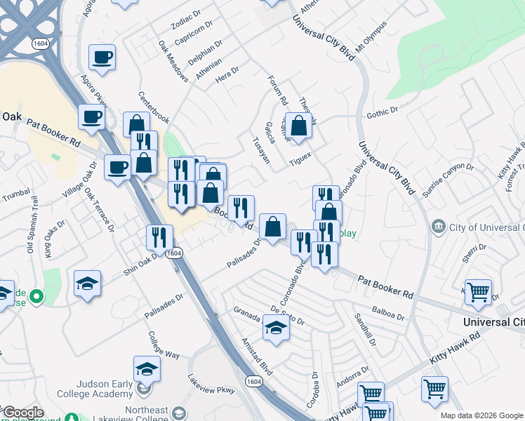 map of restaurants, bars, coffee shops, grocery stores, and more near 2902 Pat Booker Road in Universal City