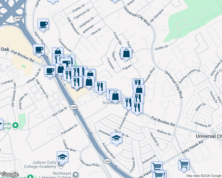 map of restaurants, bars, coffee shops, grocery stores, and more near 2902 Pat Booker Road in Universal City