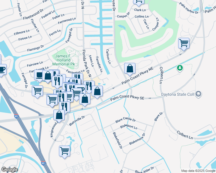 map of restaurants, bars, coffee shops, grocery stores, and more near 1 Florida Park Drive South in Palm Coast