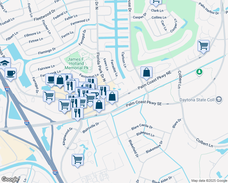 map of restaurants, bars, coffee shops, grocery stores, and more near 312 Palm Coast Parkway Northeast in Palm Coast
