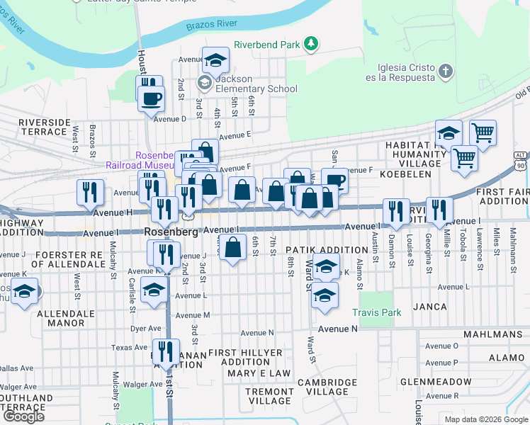 map of restaurants, bars, coffee shops, grocery stores, and more near 1100 6th Street in Rosenberg