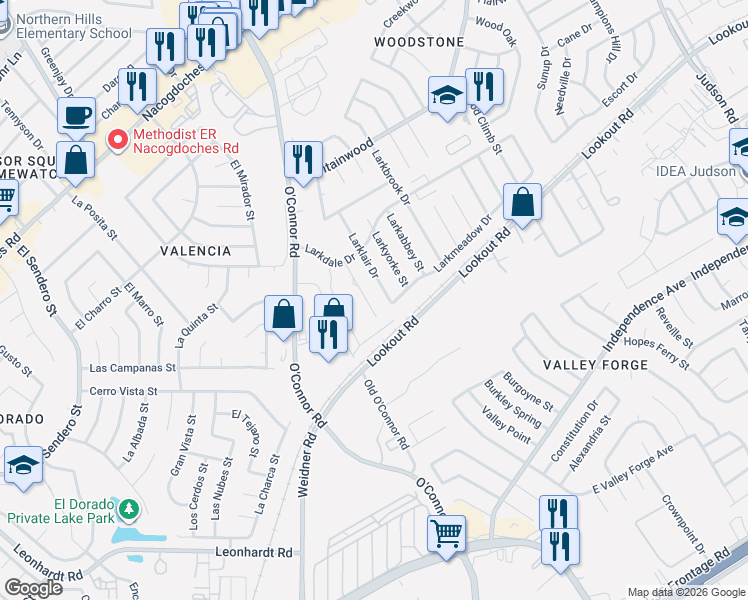 map of restaurants, bars, coffee shops, grocery stores, and more near 13004 O'Connor Cove in San Antonio