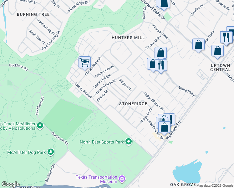 map of restaurants, bars, coffee shops, grocery stores, and more near 3400 Ridge Ranch in San Antonio
