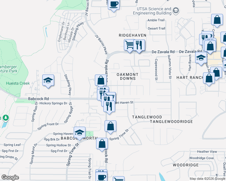 map of restaurants, bars, coffee shops, grocery stores, and more near 12222 Stable Pond Dr in San Antonio