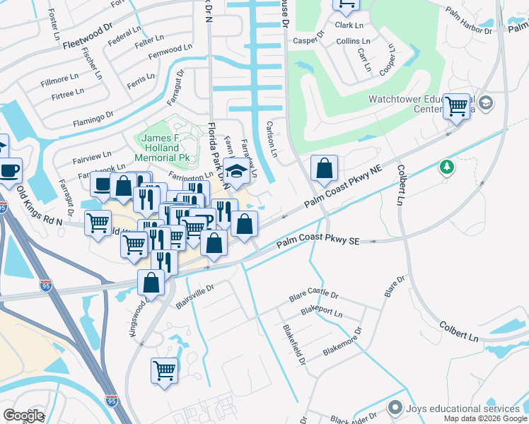 map of restaurants, bars, coffee shops, grocery stores, and more near 1 Florida Park Drive South in Palm Coast