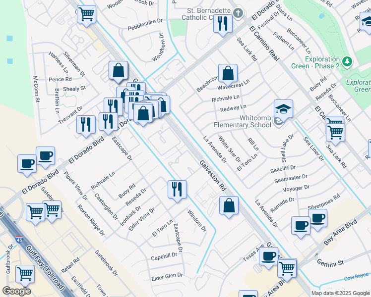 map of restaurants, bars, coffee shops, grocery stores, and more near 15902 Texas 3 in Webster