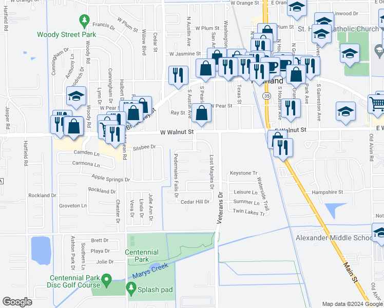 map of restaurants, bars, coffee shops, grocery stores, and more near 4702 Sebastopol Drive in Pearland