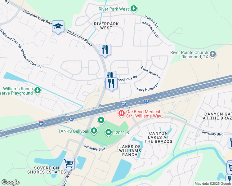 map of restaurants, bars, coffee shops, grocery stores, and more near 21811 Wildwood Park Road in Richmond