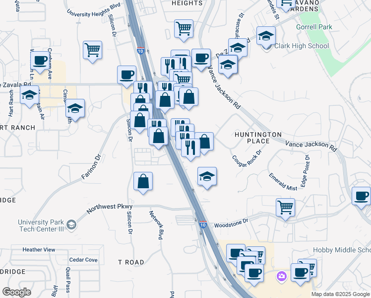map of restaurants, bars, coffee shops, grocery stores, and more near 12507 W Interstate 10 in San Antonio