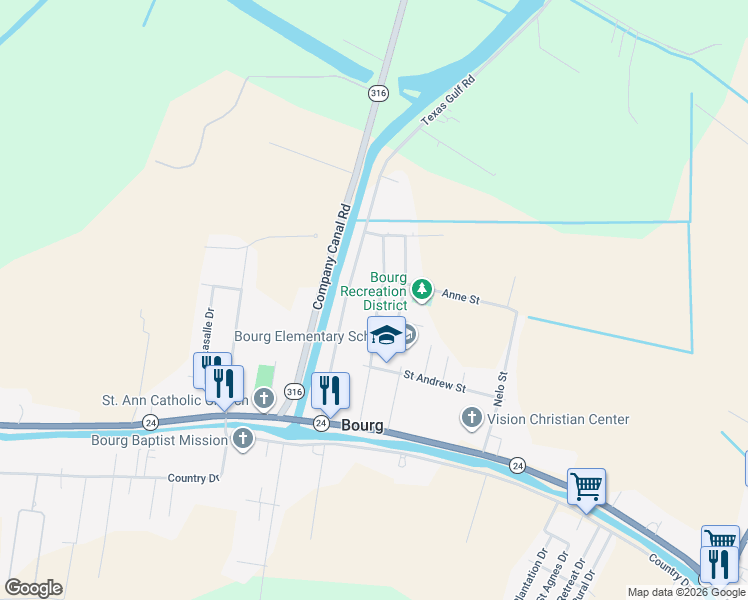 map of restaurants, bars, coffee shops, grocery stores, and more near 220 Guidry Street in Bourg