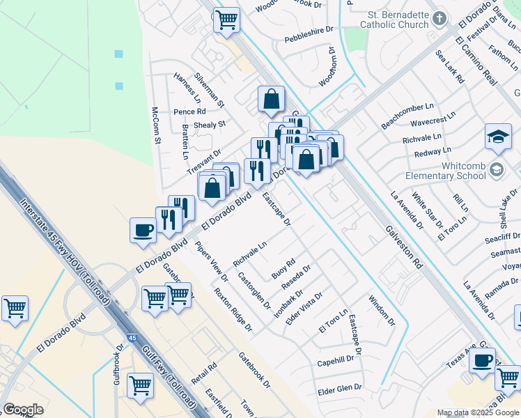 map of restaurants, bars, coffee shops, grocery stores, and more near 270 El Dorado Boulevard in Webster