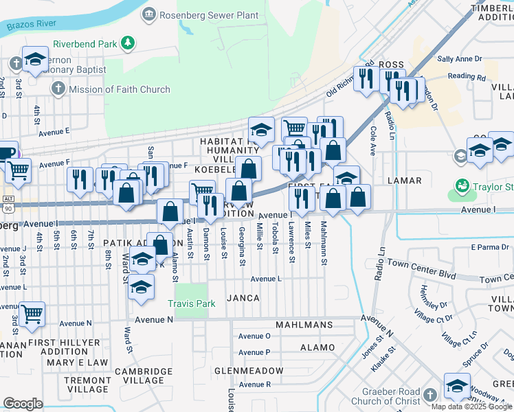 map of restaurants, bars, coffee shops, grocery stores, and more near 1115 Millie Street in Rosenberg