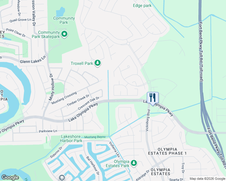 map of restaurants, bars, coffee shops, grocery stores, and more near 1503 Lake Olympia Parkway in Missouri City