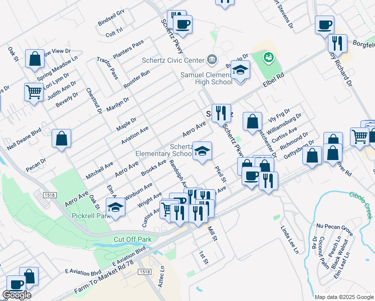 map of restaurants, bars, coffee shops, grocery stores, and more near 622 Brooks Avenue in Schertz