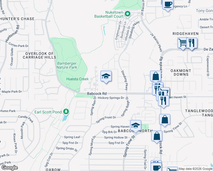 map of restaurants, bars, coffee shops, grocery stores, and more near 6839 Babcock Road in San Antonio
