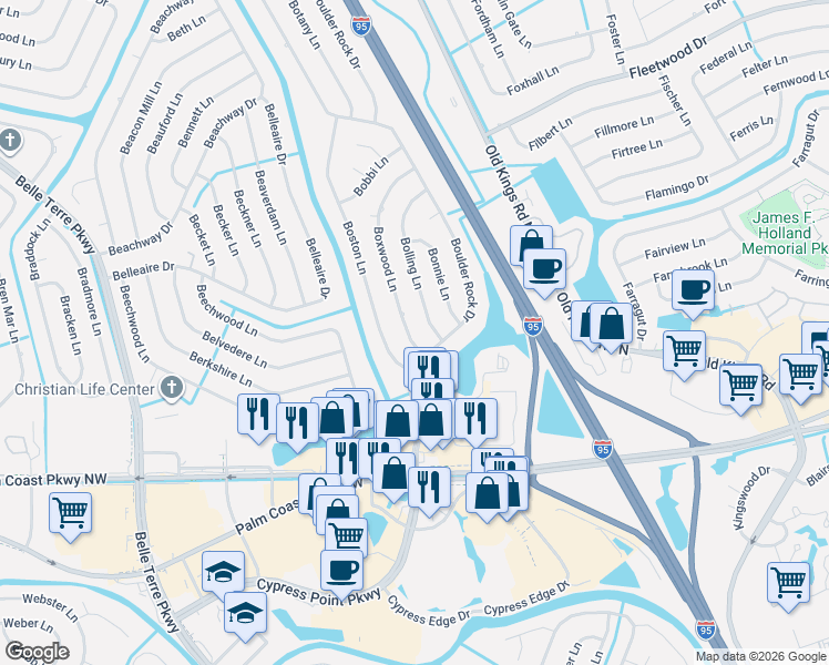 map of restaurants, bars, coffee shops, grocery stores, and more near 12 Boxwood Lane in Palm Coast