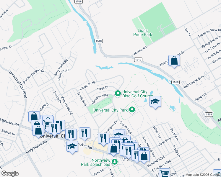 map of restaurants, bars, coffee shops, grocery stores, and more near 1259 Cibolo Trail in Universal City