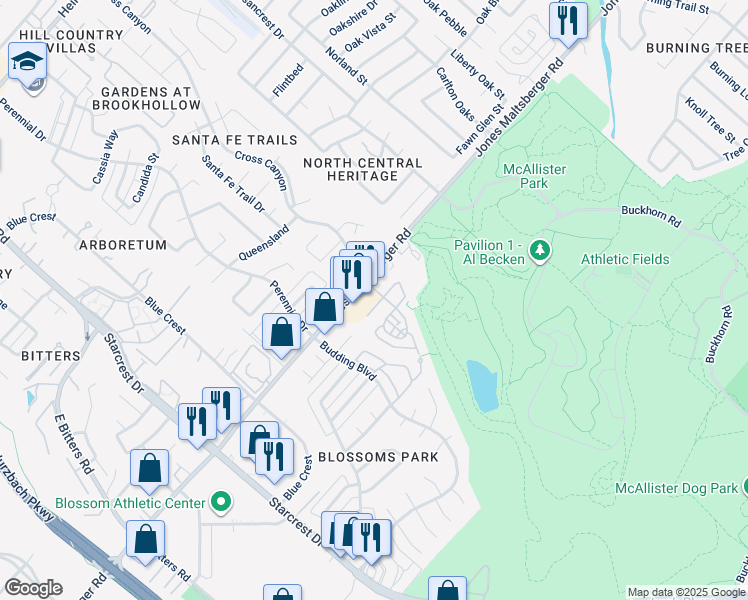 map of restaurants, bars, coffee shops, grocery stores, and more near 115 Cross Canyon in San Antonio