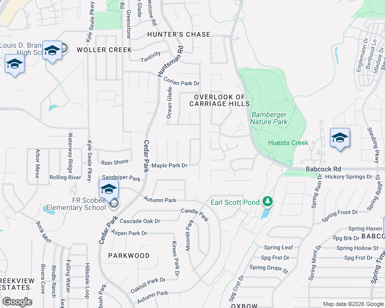 map of restaurants, bars, coffee shops, grocery stores, and more near 12840 Huntsman Lake Drive in San Antonio