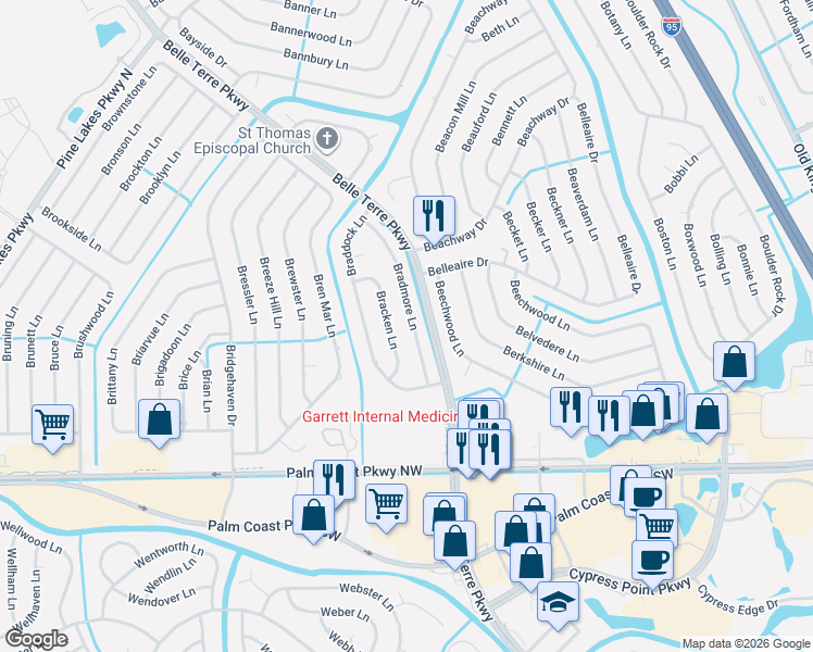 map of restaurants, bars, coffee shops, grocery stores, and more near 42 Bradmore Lane in Palm Coast