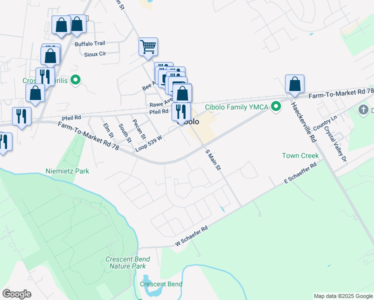 map of restaurants, bars, coffee shops, grocery stores, and more near 210 Meek Street in Cibolo