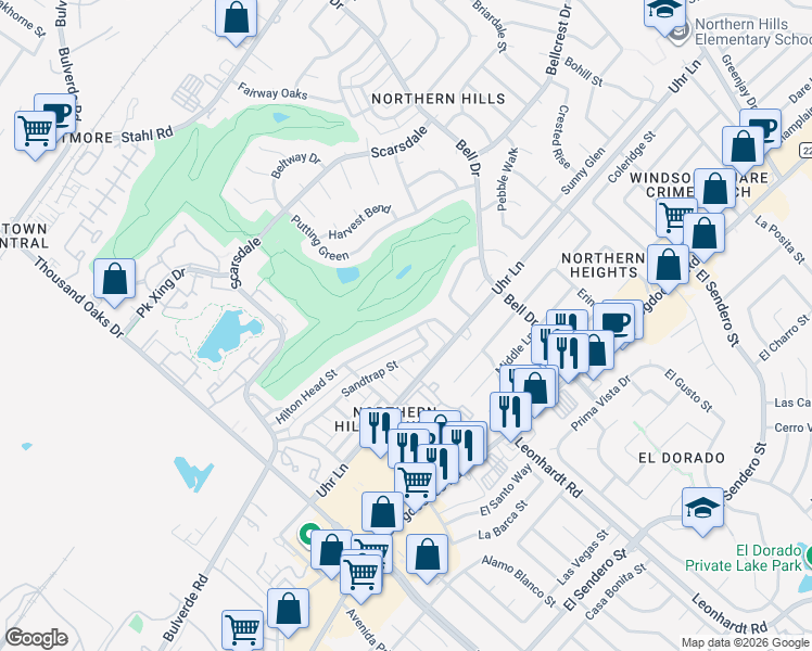 map of restaurants, bars, coffee shops, grocery stores, and more near 4407 Hilton Head Street in San Antonio