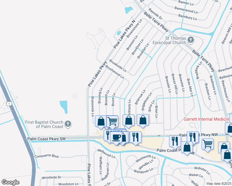 map of restaurants, bars, coffee shops, grocery stores, and more near 68 Bruce Lane in Palm Coast