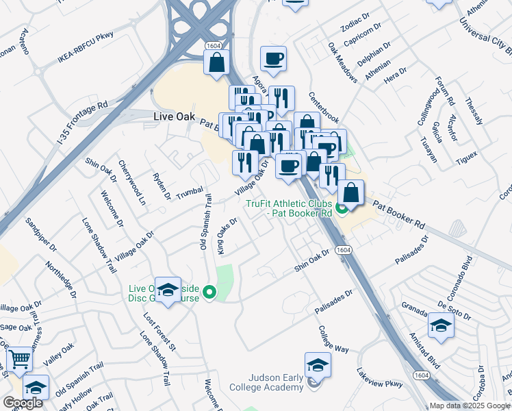 map of restaurants, bars, coffee shops, grocery stores, and more near 1 Oak Terrace Drive in Live Oak