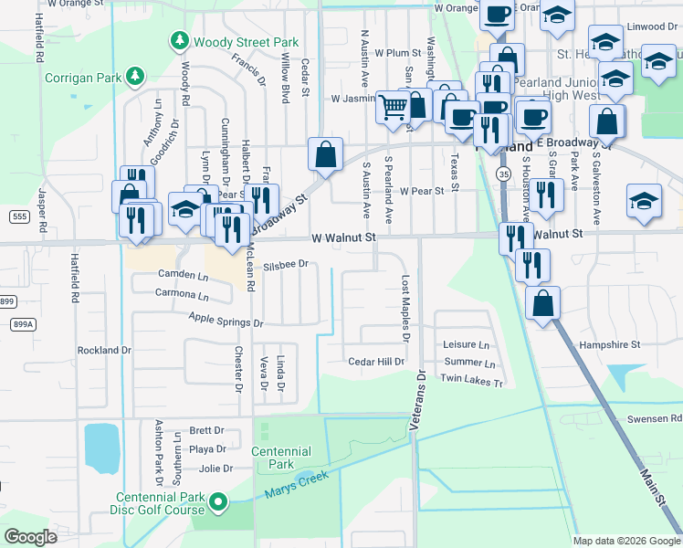 map of restaurants, bars, coffee shops, grocery stores, and more near 2178 Pedernales Falls Drive in Pearland