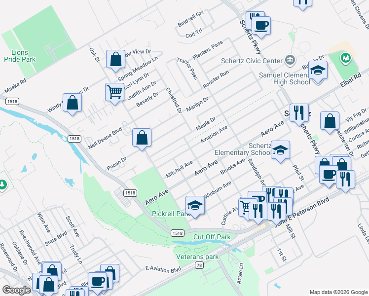 map of restaurants, bars, coffee shops, grocery stores, and more near 402 Maple Drive in Schertz