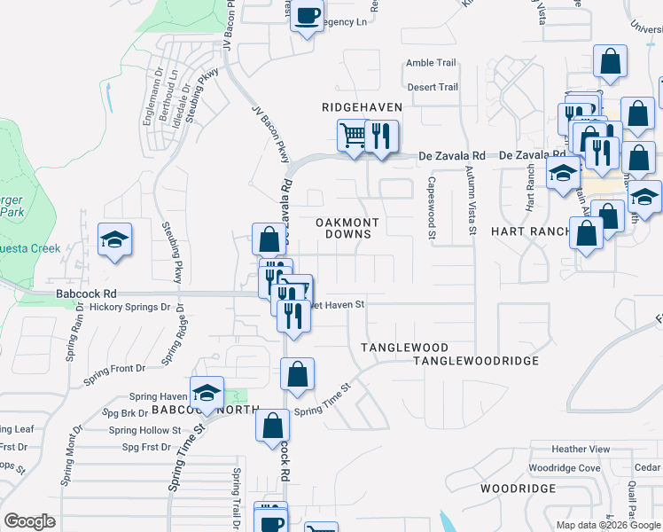 map of restaurants, bars, coffee shops, grocery stores, and more near 12302 Stable Square Drive in San Antonio
