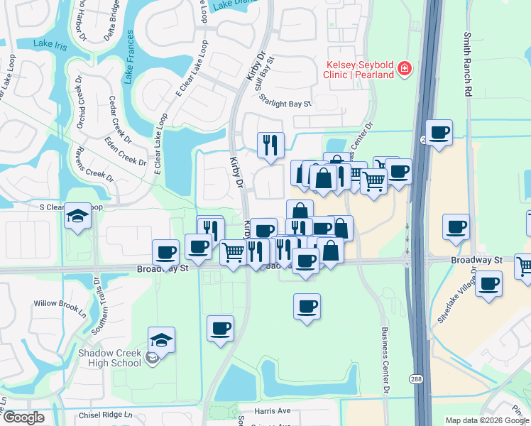 map of restaurants, bars, coffee shops, grocery stores, and more near 11404 Hidden Bay Drive in Pearland