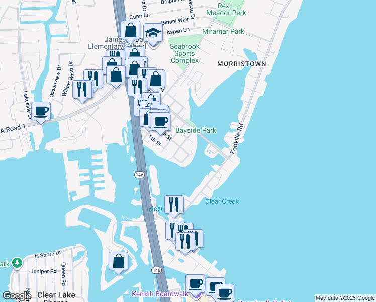 map of restaurants, bars, coffee shops, grocery stores, and more near 1010 3rd Street in Seabrook