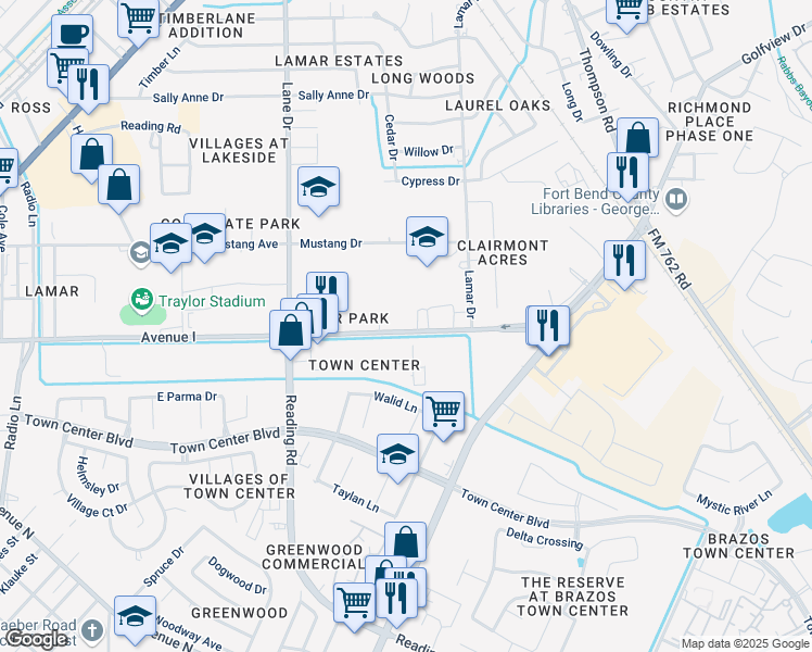 map of restaurants, bars, coffee shops, grocery stores, and more near 1800 Farm to Market Road 1640 in Richmond