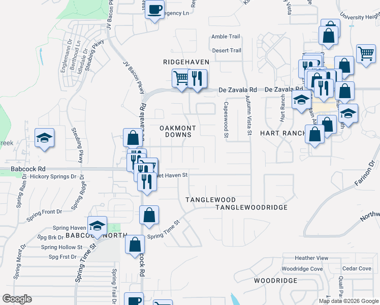 map of restaurants, bars, coffee shops, grocery stores, and more near 6263 Stable Trail Drive in San Antonio