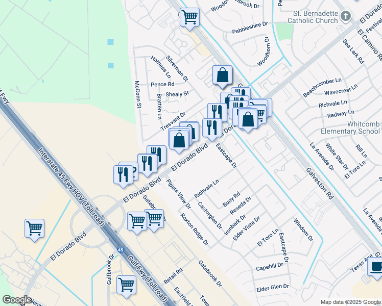 map of restaurants, bars, coffee shops, grocery stores, and more near 455 El Dorado Boulevard in Webster
