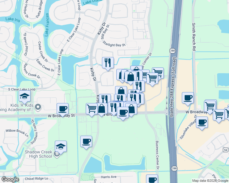 map of restaurants, bars, coffee shops, grocery stores, and more near 11302 Hidden Bay Drive in Pearland