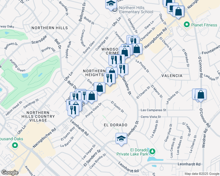 map of restaurants, bars, coffee shops, grocery stores, and more near 13032 Nacogdoches Road in San Antonio