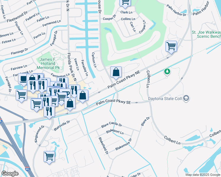 map of restaurants, bars, coffee shops, grocery stores, and more near 305 Palm Coast Parkway Northeast in Palm Coast