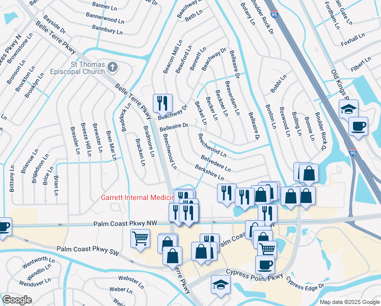 map of restaurants, bars, coffee shops, grocery stores, and more near 30 Belvedere Lane in Palm Coast