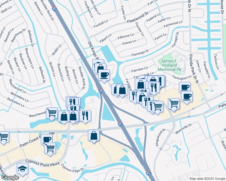 map of restaurants, bars, coffee shops, grocery stores, and more near 21 Old Kings Road in Palm Coast