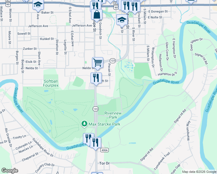 map of restaurants, bars, coffee shops, grocery stores, and more near 341 Taft Street in Seguin
