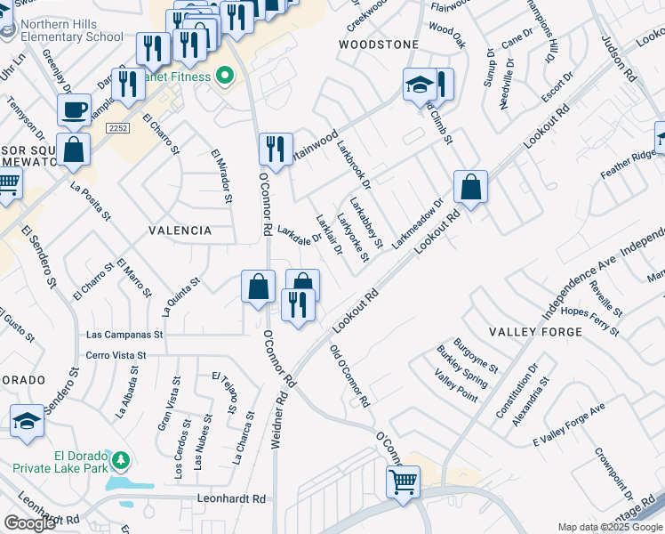 map of restaurants, bars, coffee shops, grocery stores, and more near 13018 Larklair Street in San Antonio