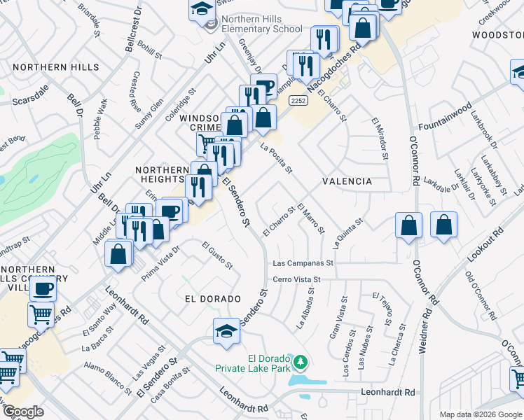 map of restaurants, bars, coffee shops, grocery stores, and more near 13007 De Luna Street in San Antonio