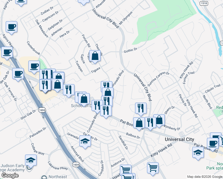 map of restaurants, bars, coffee shops, grocery stores, and more near 8770 Stoney Brook Drive in Universal City