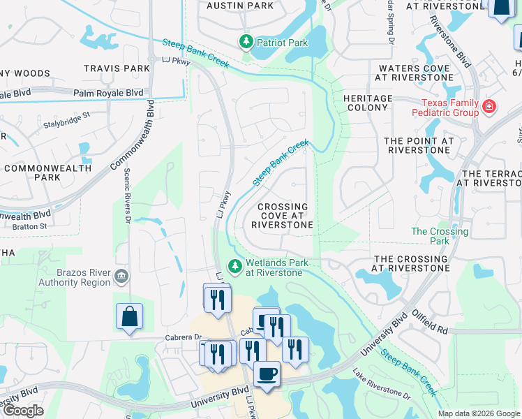 map of restaurants, bars, coffee shops, grocery stores, and more near 5218 Willow Cliff Lane in Sugar Land