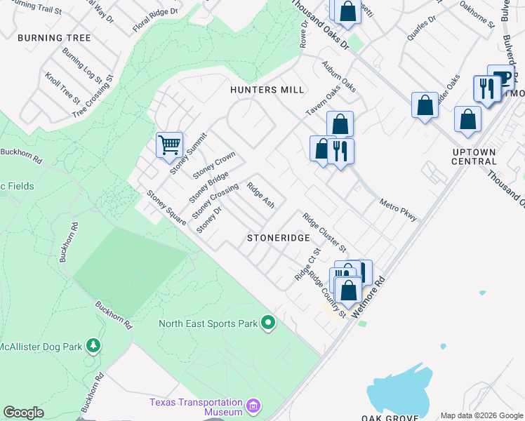 map of restaurants, bars, coffee shops, grocery stores, and more near 3430 Ridge Ash in San Antonio