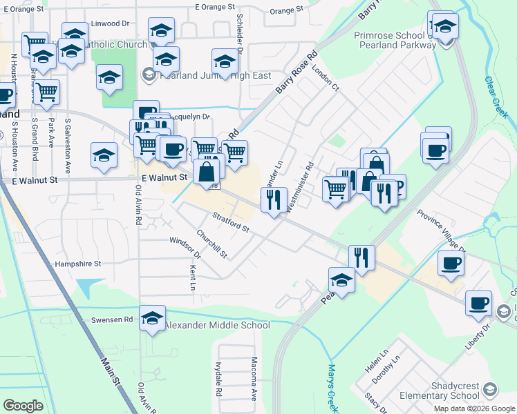 map of restaurants, bars, coffee shops, grocery stores, and more near 2585-2599 Alexander Lane in Pearland