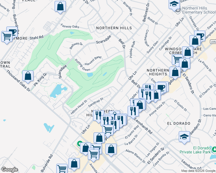 map of restaurants, bars, coffee shops, grocery stores, and more near 4407 Hilton Head Street in San Antonio