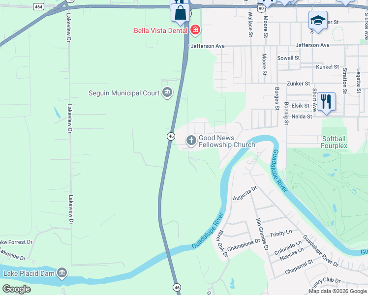 map of restaurants, bars, coffee shops, grocery stores, and more near 1150 B and B Road in Seguin